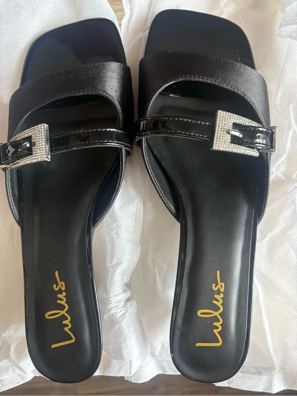 Lulu's Black Satin Kitten Heel Sandals with Rhinestone Buckle